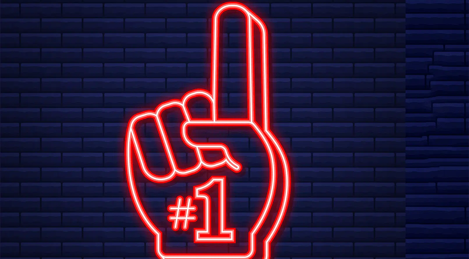 Neon sign of hand showing number one