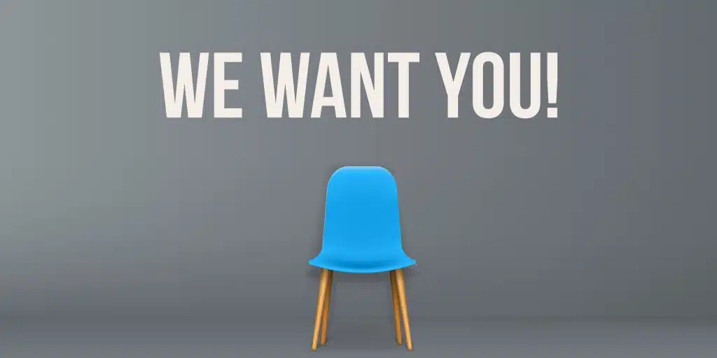 We Want You - With Blue Chair on Grey Background